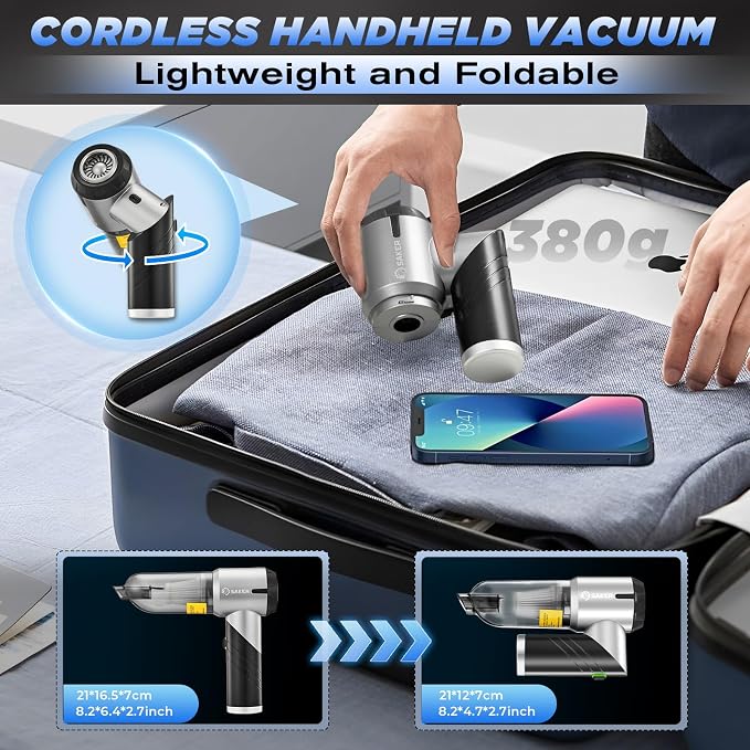 Handheld Car Vacuum Portable Cordless17000PA Mini Air Duster Blower Rechargeable Foldable Vacuum Cleaner with Brushless Motor for Home, Office Pet HL132 Black