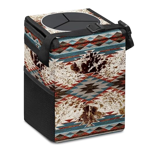 Car Trash Can with Lid Western Aztec Cow Print Collapsible Reusable Leak-Proof Auto Garage Bag,Hanging Vehicle Car Accessories Interior Car Organizer