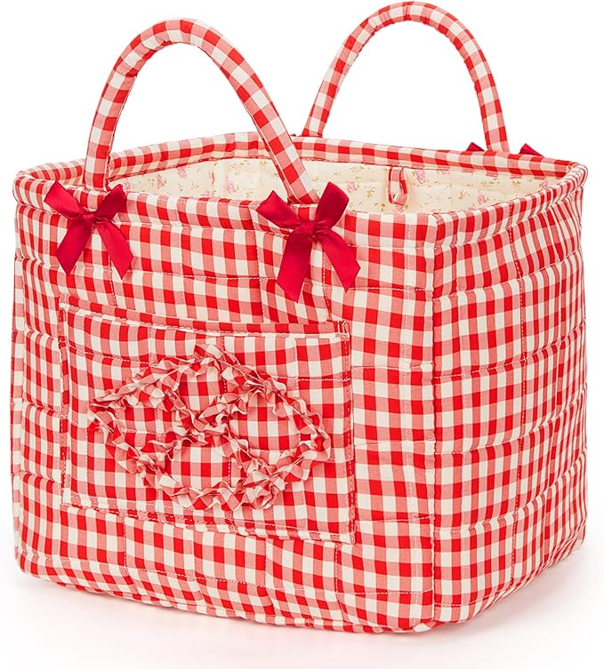 Floral Fabric Storage Basket Car Interior Storage Basket Underwear Sundries Laundry Baskets Supplies Home Organizer Bag (Red plaid)