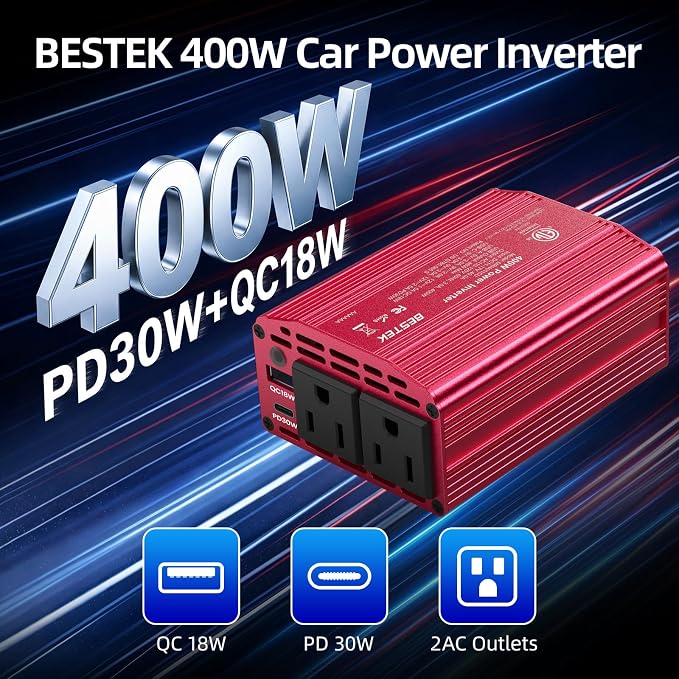 400W Car Power Inverter for Vehicles – DC 12v to AC 110v Car Plug Adapter Outlet with PD 30W USB-C &USB-A 3.0 Fast Charging, Car Charger Cigarette Lighter Adapter for Laptop, Road Trip, Camping