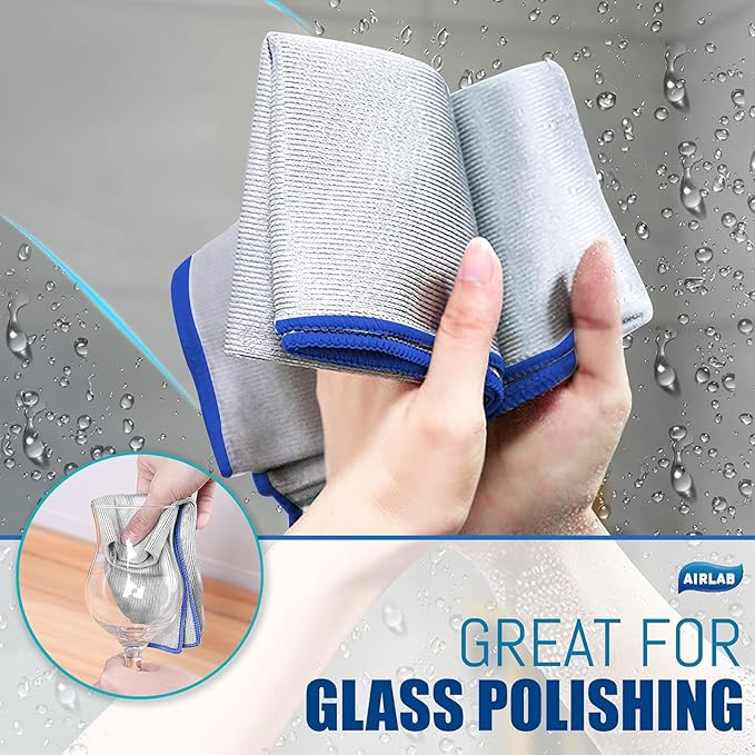 Airlab Glass Polishing Cloth Streak Free Miracle Cleaning Cloth Lint Free Microfiber Cleaning Rags for Glasses Kitchen Dish Mirrors Easy Clean, Pack of 8, 16" x 12", Grey-Yellow & Grey-Blue