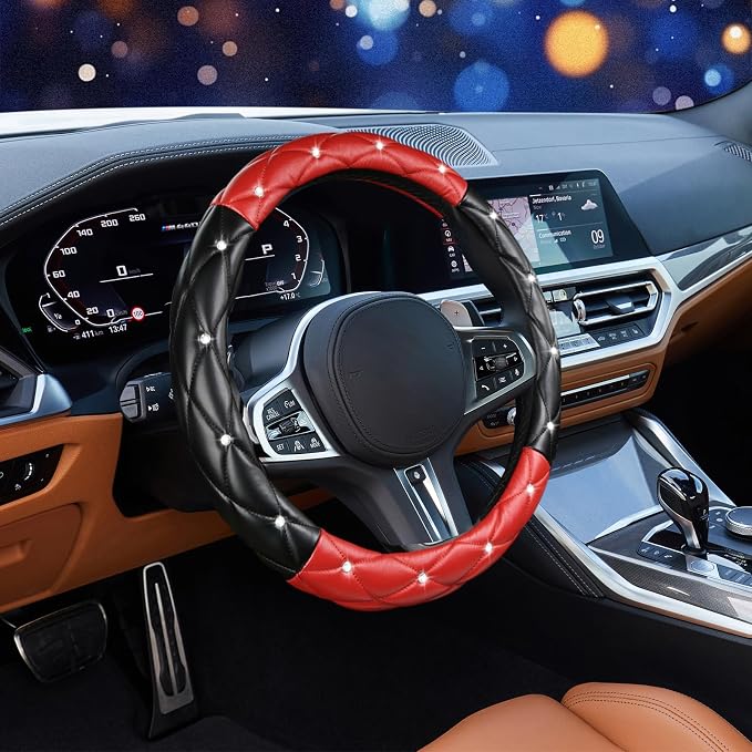 Black and Red Steering Wheel Cover, Auto Diamond Style Cute Bling Comfort Car Interior Accessories Protector Sparkly Fit Most O-Shaped Steering Wheels