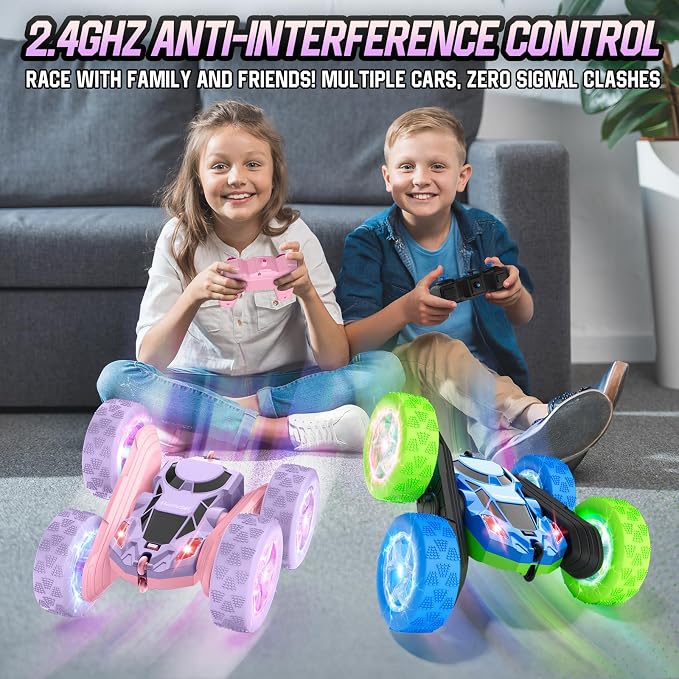 Remote Control Car, Double Sided 360°Rotating 4WD RC Cars, with Sparkling LED Wheels, 2.4GHz Electric Race Stunt Toy Car, Rechargeable Toy Cars for Boys Girls Birthday Valentines Gift