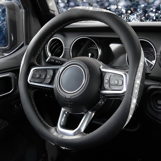 White Crystal Steering Wheel Cover, Sparkly Clear Diamond Breathable Leather Car Protector, Universal 15 Inch Fit for Women Girls, Anti-Slip Comfortable, Silver White