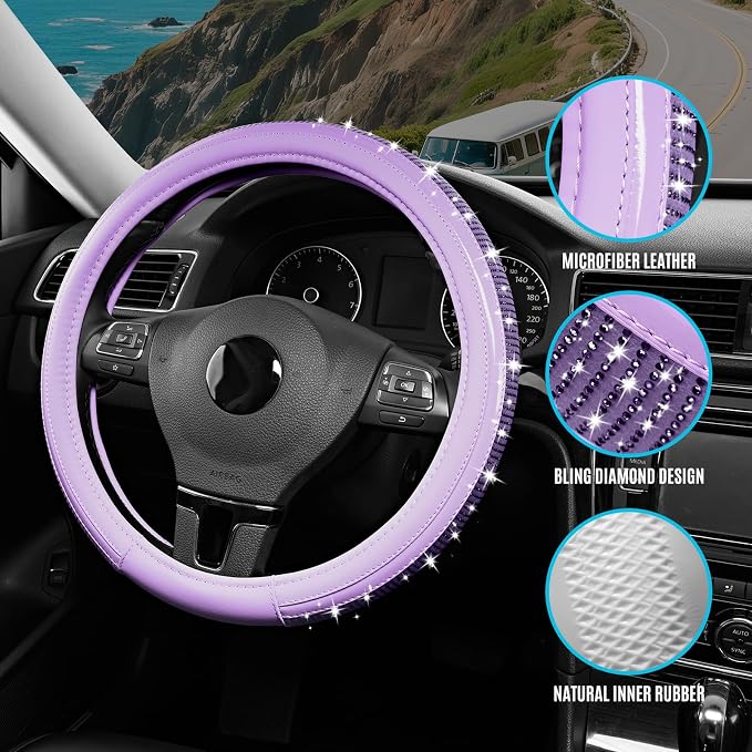 Bling Steering Wheel Cover – Purple Diamond Design, Universal Fit 14.5-15 Inch, Microfiber Leather, Anti-Slip & Breathable Design for Men and Women