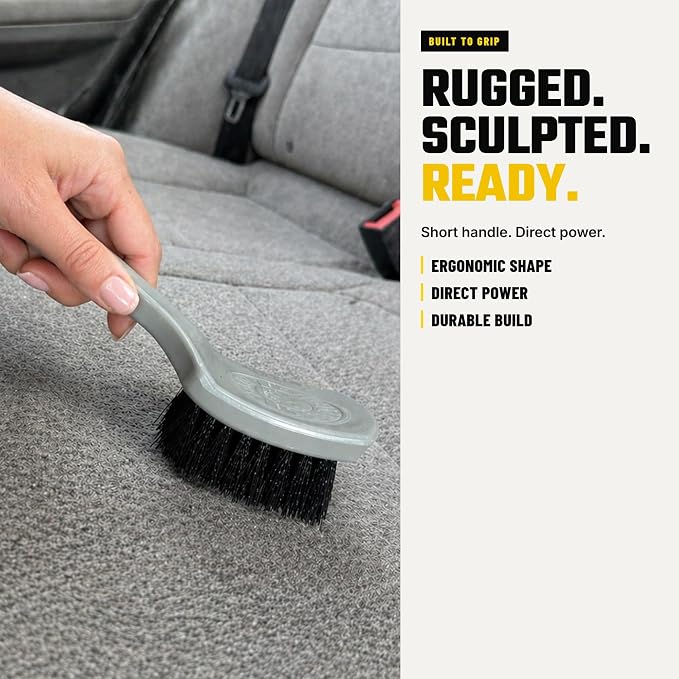 The Nifty Interior Detailing Brush, Synthetic Bristle Scrub Tool for Car Carpet Floor Mats Upholstery Trunk Liners, Auto Cabin Cleaning Brush with Ergonomic Short Handle - Grey