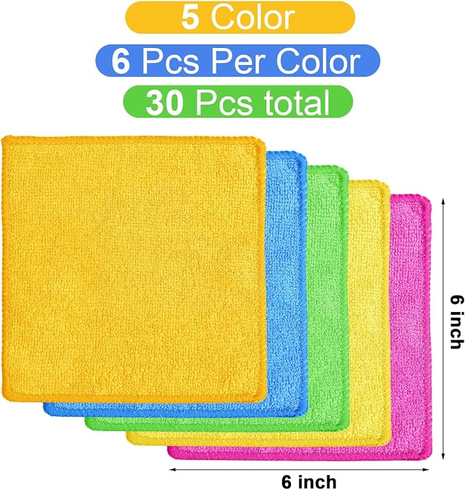Cleaning Cloth Dry Erase Cloth Cleaning Rags Reasonable Kitchen Towels Microfiber Towels Cars Wash(6 x 6 Inch,Green/Blue/Yellow/Pink/Orange,30 Pcs)