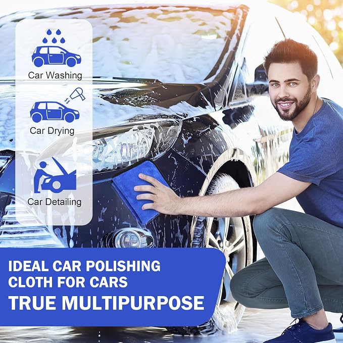 12 Pcs Microfiber Towels for Cars, 800 GSM Plush Drying Cleaning Cloth Bulk, 16 x 16 Inch Thick Absorbent Wash Detailing Towels for Car Polishing, House, Kitchen Cleaning(Gray and Blue)