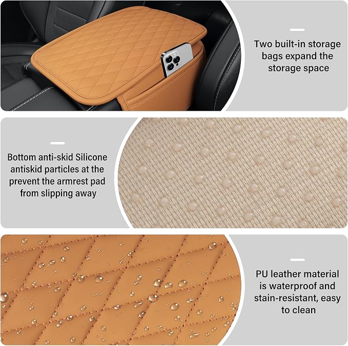 Car Center Console Cover, Upgraded Leather Car Armrest Cushion with 2 Storage Pockets, Universal Waterproof Cushion Pad, Non-Slip Car Interior Accessories, Fits Most Sedans SUVs Trucks (Orange)