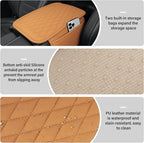 Car Center Console Cover, Upgraded Leather Car Armrest Cushion with 2 Storage Pockets, Universal Waterproof Cushion Pad, Non-Slip Car Interior Accessories, Fits Most Sedans SUVs Trucks (Orange)