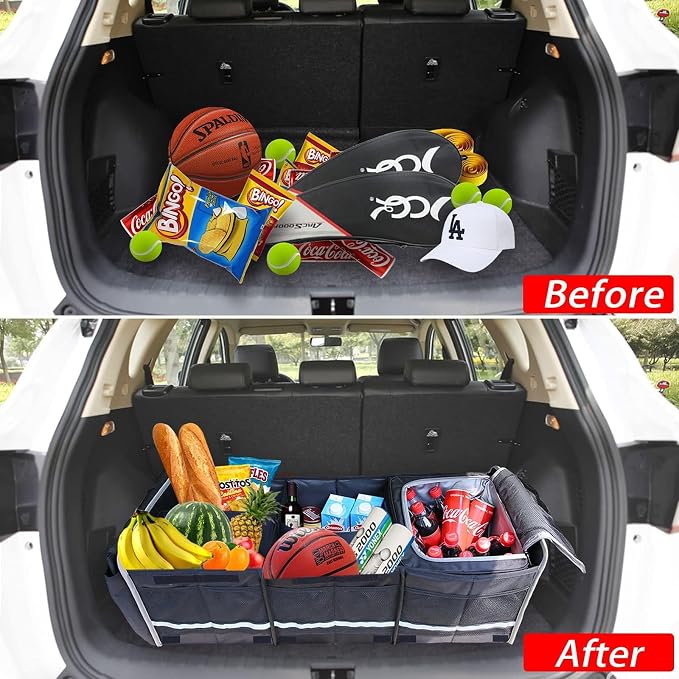 Car Trunk Organizer for SUV, 25Gal Large Capacity No-Sag Heavy Duty, Foldable Waterproof Anti-Slip Storage with 12 Pockets, Fit Sedan,Truck,Universal Car Accessories, Black, 3 Compart, Large
