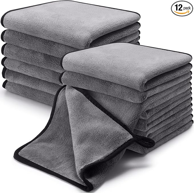 12 Pcs Microfiber Towels for Cars, 800 GSM Plush Drying Cleaning Cloth Bulk, 16 x 16 Inch Thick Absorbent Wash Detailing Towels for Car Polishing, House, Kitchen Cleaning(Gray)