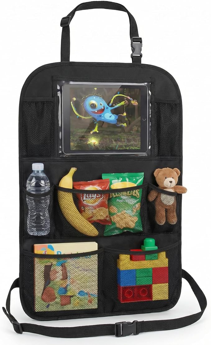 Backseat Car Organizer Mats Back Seat Organizers and Storage Bag with Touch Screen Tablet Holder for Kids Toddlers Seats, Travel Accessories, Road Trip Essentials (2PCS)