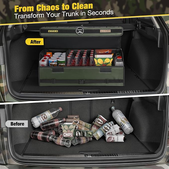 Car Trunk Organizer for SUV and Sedan, Tactical‑Green, 29.5 in | Tactical & Aerospace Oxford, Extra‑Large, Hinged Lid, Collapsible & Adjustable, Water‑Resist & Dust‑Proof