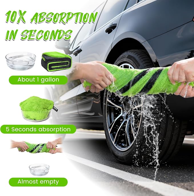 PUGPIU 1400GSM Large Microfiber Car Drying Towel Detailing 24"x36" | XL Super Absorbent Microfiber Towels - Edgeless with Twisted Loop - No Lint Streak for SUV Truck Car Detailing (Green)