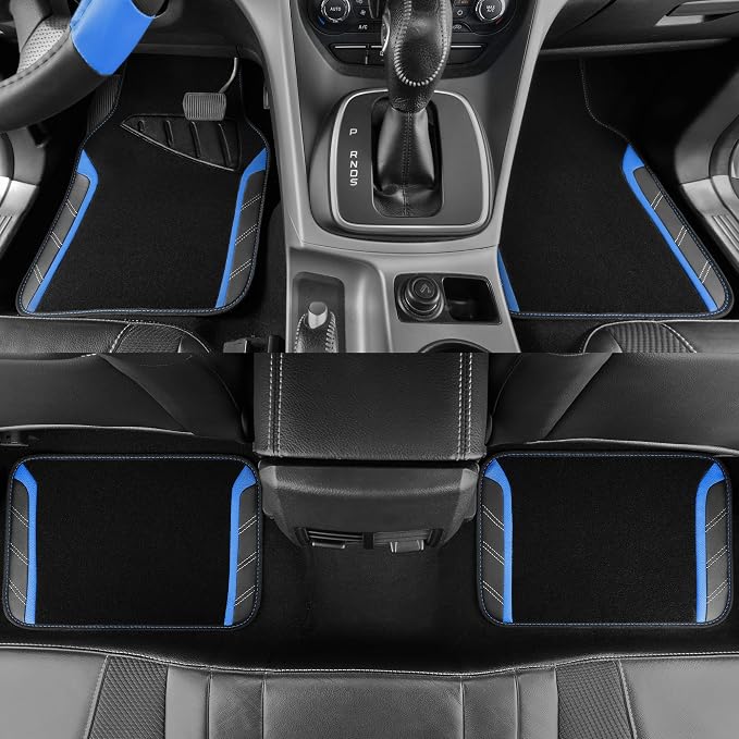 Leather Steering Wheel Cover and Waterproof Car Floor Mats,Microfiber Universal Car Combo Fit for 95% Sedan,SUV,Cars,14.5-15inch Sporty Anti-Slip Safety Comfortable Design(Black＆Blue)