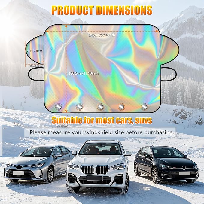 Car Windshield Snow Ice Cover, Laser Titanium Silver Windshield Snow Ice Cover with Magnetic Edges Used for Snow Protection, Rain and Sun, Fits for Most Cars, SUV(63"x47")