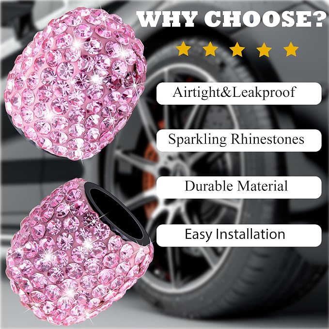 4PCS Bling Crystal Diamond Tire Stem Valve Caps, Dustproof Car Wheel Tire Valve Caps Universal Tire Valve Stem Covers for Cars, SUV, Trucks, Bikes, Motorcycles, Bicycles (Pink)