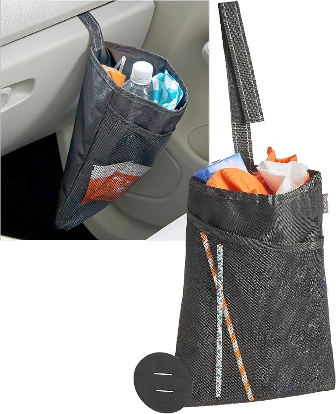TrimTrash Hanging Car Garbage Bag - Slim and Leakproof Car Trash Bag with Magnetic Closure and Storage Pocket - Attaches to Seat, Glovebox or Console