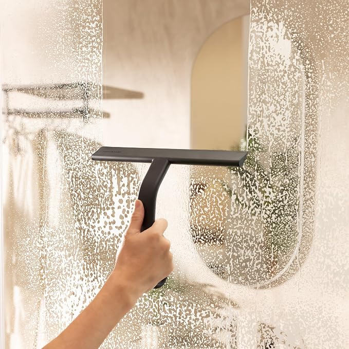 JustHang Shower Squeegee for Glass Doors, All-One-Piece Wider 12" Silicone Squeegee with Built-in Hook for Window, Mirror, Tile Wall, Car, Streak-Free Bathroom Cleaner Tool, 12-Inch Black
