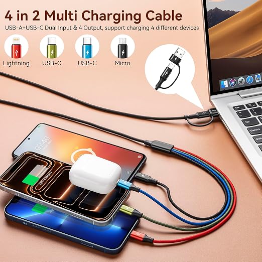 Dual USB-C 4 in 2 Multiple Charging Cable for All Devices with USBC/Lightning/Micro Ports,Type C Cable iPhone Charger Cord,Travel Car Charger for iPhone Series,Android,iPad,Kindle,PS - 2Pack/6Ft