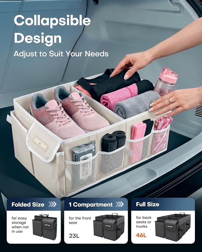 Trunk Organizer for Car - Car Organizer, Foldable Trunk organizer for SUVs & Sedans, Sturdy Organization for Car Accessories, Tools, Sundries, Beige, 2 Compartments, 21.3"×12.6"×10.6"