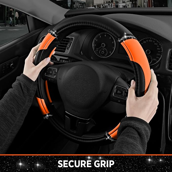 Leather Steering Wheel Cover - Made with PVC Leather - Anti-Slip, Universal Fit 14 1/2 inches to 15 inches - Orange