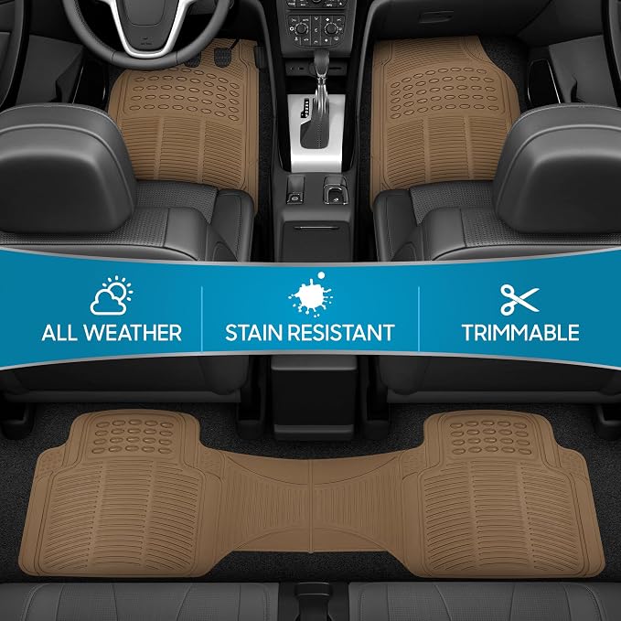 ProLiner Car Floor Mats for Cars Trucks SUV, 3-Piece All-Weather Heavy Duty Rubber Liners with Universal Trimmable Fit, Durable Waterproof Vehicle Auto Floor Mats with Capture Ridges Biege