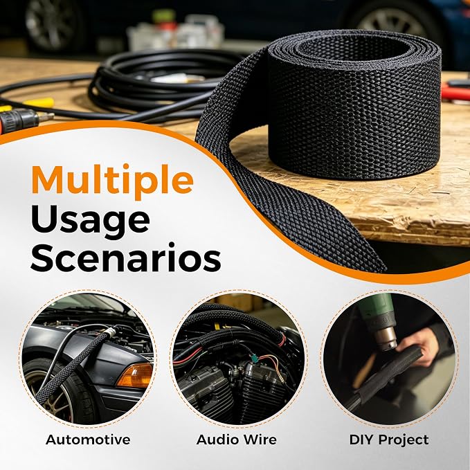 Black 2:1 Ratio Automotive Heat Shrink Braided Sleeving,Wear-Resistant Flat Woven Shrinkable Sleeve Fabric Car Cable Wires Hoses Protection (1"-26ft)