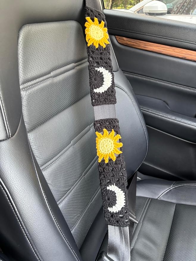 Handmade Crochet Sun Moon Car Steering Wheel Covers Universal 14-15 inch,Cute Steering Wheel Cover,Car Accessories (Black Wheel Cover+2 Belt Cover)
