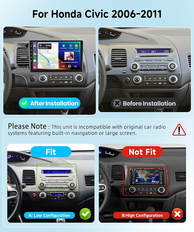 8 Core 4G+64G Car Radio for Honda Civic 2006 2007 2008 2009 2010 2011, Wireless Carplay Android Auto Car Stereo, 10.1” IPS Touchscreen with WiFi, GPS, Bluetooth,FM/RDS, 32EQ DSP, Rear Camera