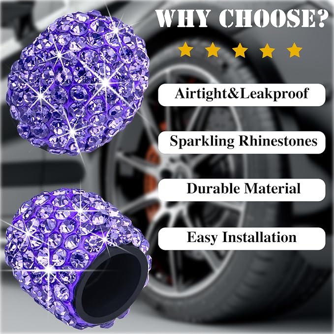 8PCS Bling Crystal Diamond Tire Stem Valve Caps, Dustproof Car Wheel Tire Valve Caps Universal Tire Valve Stem Covers for Cars, SUV, Trucks, Bikes, Motorcycles, Bicycles (Purple)