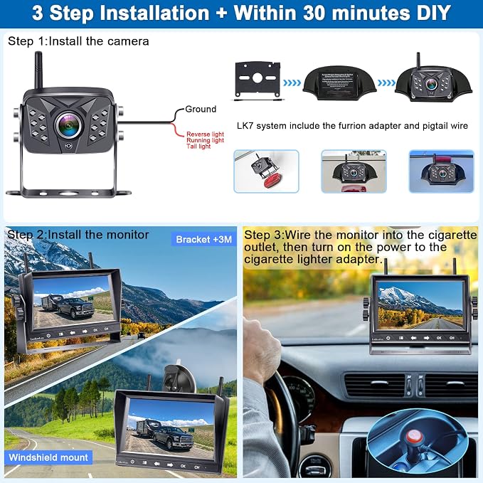 HD 1080P 7 inch RV Wireless Backup Camera: 15-Min Easy Install Clear Night Vision 4 Channels Recording Touch Key Monitor Rear View Camera for Furrion Pre-Wired RVs Travel Trailers Camper Truck