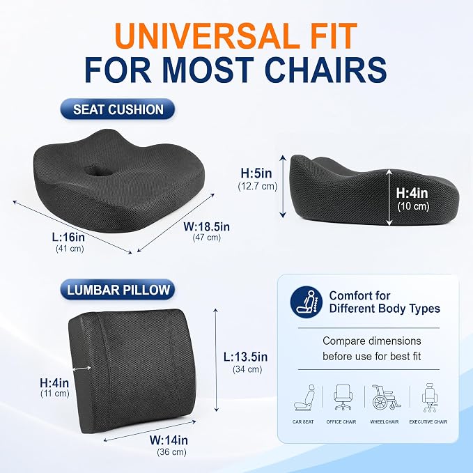 Car Seat Cushion and Lumbar Back Support Pillow Set for Driving | Memory Foam Car Seat Cushions, Back Support for Car, Car Cushion for Height, Pressure Relief for Trucks, Office Chairs, Black
