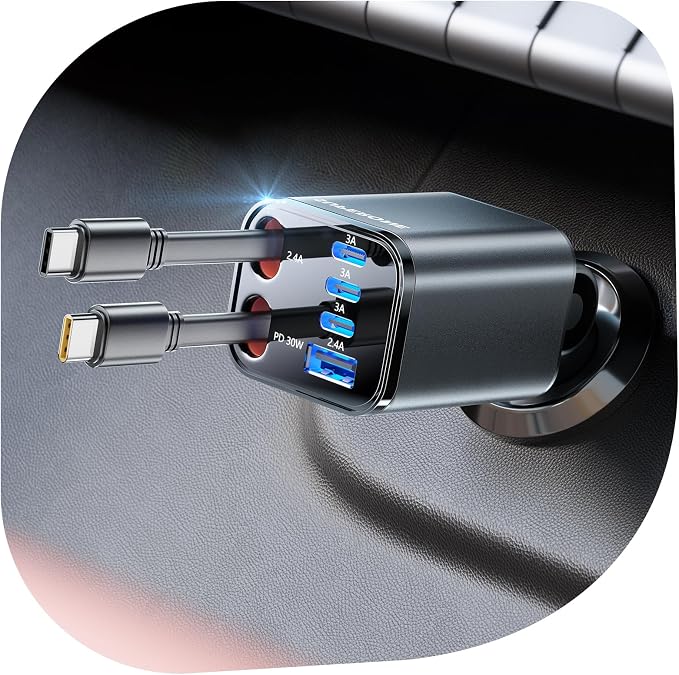 6 in 1 Retractable Car Charger with Dual Type C Cables, 99W Ultra-Compact USB C Car Accessories Adapter with 4 USB Ports, Fast Charging Car Charger for iPhone 17/16/15/14/13/12, Galaxy, iPad