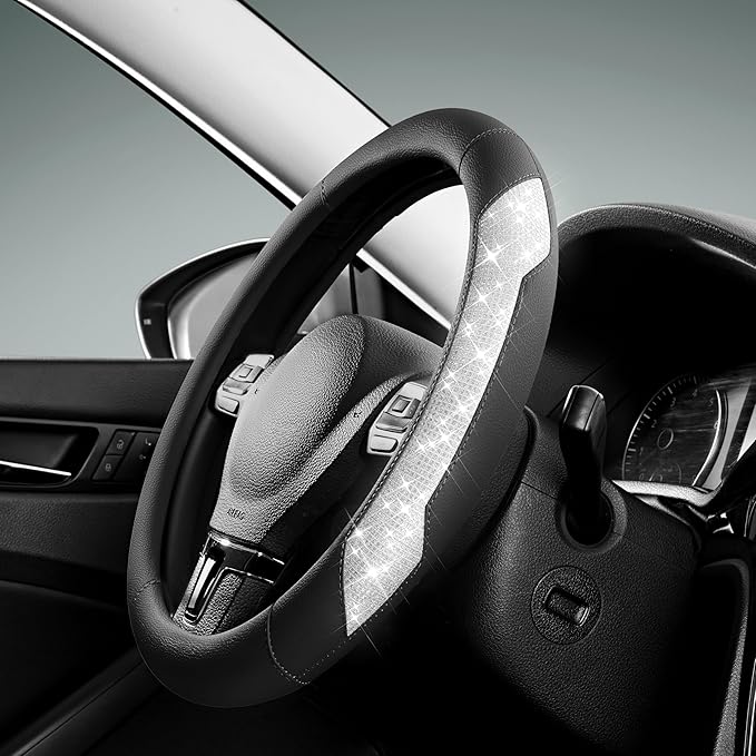 Steering Wheel Cover, Sparkly Crystal Bling Glitter with Black Leather, Universal Fit 14.5"-15.5" Car Steering Wheels for Girls & Women, Breathable Anti-Slip Steering Wheels Cover