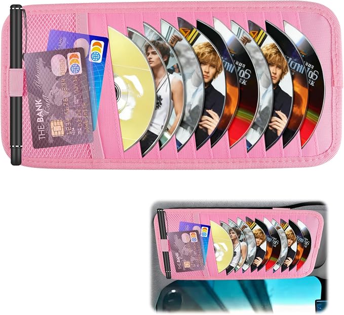 Sun Visor CD Holder, 12-Capacity Car Visor Organizer with DVD Sleeves and Mesh Pocket, Universal Visor Storage for Vehicle CD Case and Pen Holder Ergonomic Design (Pink 1 Pcs)