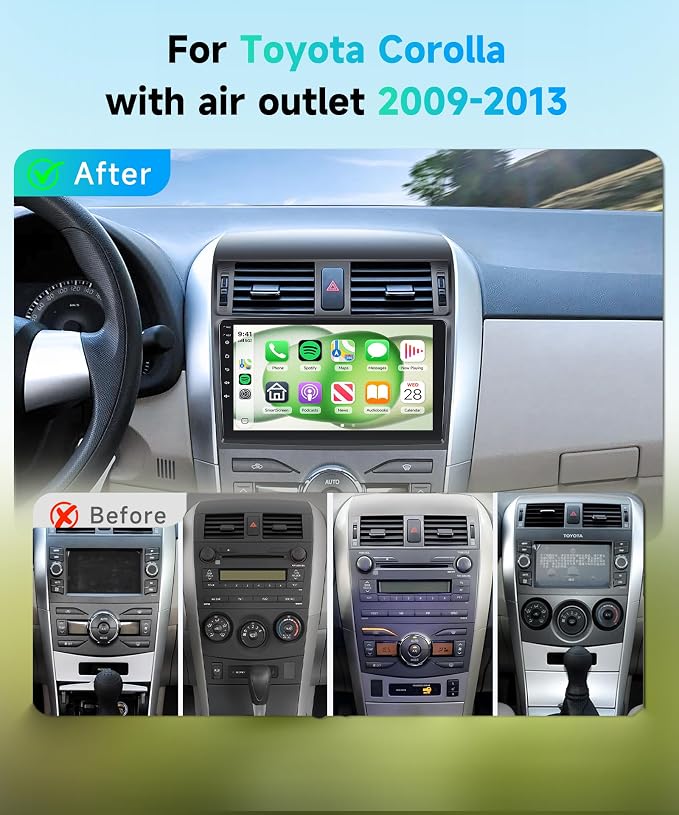 4Core 4G+64G Android 15 Car Radio for Toyota Corolla 2009-2013, 5G-WiFi, Car Stereo Wireless Carplay, 9'' HD Touchscreen Mirror Link GPS Navigation Bluetooth FM/RDS EQ-32 SWC Backup Camera