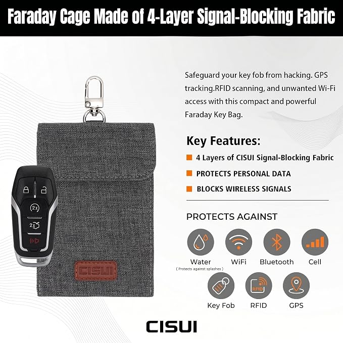 Faraday Bag for Car Keys, 4-Layer Key Fob Signal Blocker Pouch (Grey) | 2026 upgraded RFID guard shielding case for keyless entry anti-theft. Durable Oxford fabric with secure hook for all fobs