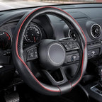 Car Steering Wheel Cover Universal Standard Size 14 1/2"-15" Leather with Carbon Fiber Pattern Black and Red
