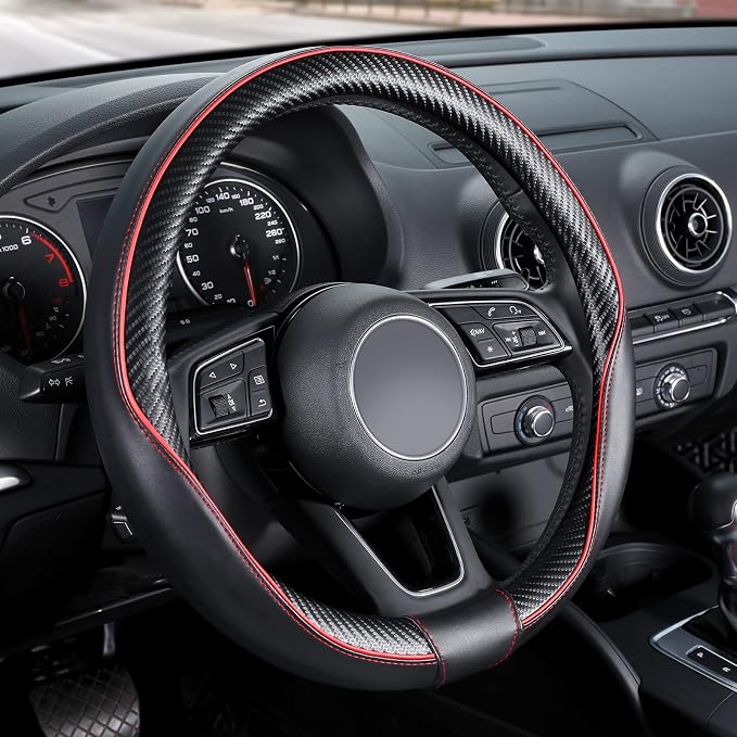 Car Steering Wheel Cover Universal Standard Size 14 1/2"-15" Leather with Carbon Fiber Pattern Black and Red