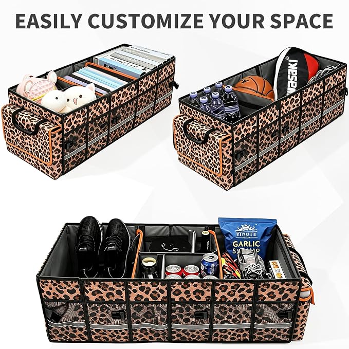 Car Trunk Organizer and Storage with Lid & Removable Cooler Bag, Car Accessories 6 Removable Dividers for Custom Space, Collapsible Trunk Organizers Interior for SUV & Sedan, Large