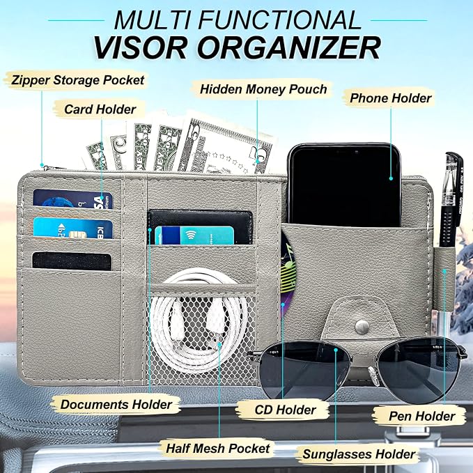 Car Sun Visor Organizer with Zipper Pocket, Auto Interior Accessories Pocket Organizer Car Truck Visor Storage Pouch Holder for Cards, Pens, Sunglasses and Document - Gray
