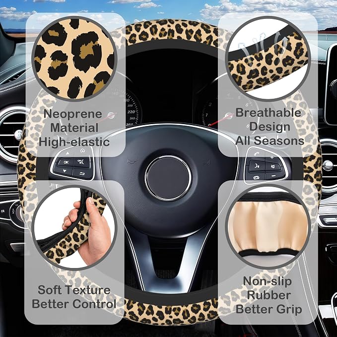 Leopard Animal Skin Steering Wheel Cover for Women, Anti-Slip Car Steering Wheel Cover with 2 Pcs Cup Holders Neoprene Breathable Car Accessories Universal 15 Inch Auto Interior Decor