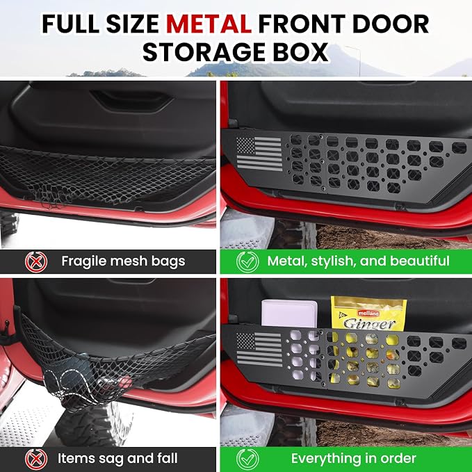 Metal Front Door Pocket Storage Box for Jeep Wrangler JL JLU 4XE 2018-2026 & Gladiator JT 2020-2023 2024 2025 2026 Accessories Door Organizer Storage (Not for Power Seats), Flat Flag, 2PCS