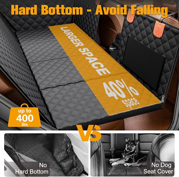 Back Seat Extender for Dogs, Hard Bottom Dog Car Seat Cover - Supports 400lbs, Rear Seat Pet Cover with Mesh Window, Waterproof Dog Hammock for Car SUV