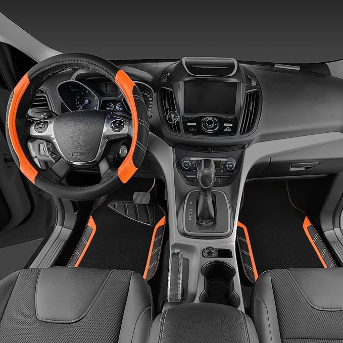 Leather Steering Wheel Cover and Waterproof Car Floor Mats,Microfiber Universal Car Combo Fit for 95% Sedan SUV Van Truck,14.5-15inch Sporty Anti-Slip Safety Comfortable Design, Black＆Orange