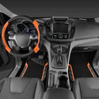 Leather Steering Wheel Cover and Waterproof Car Floor Mats,Microfiber Universal Car Combo Fit for 95% Sedan SUV Van Truck,14.5-15inch Sporty Anti-Slip Safety Comfortable Design, Black＆Orange