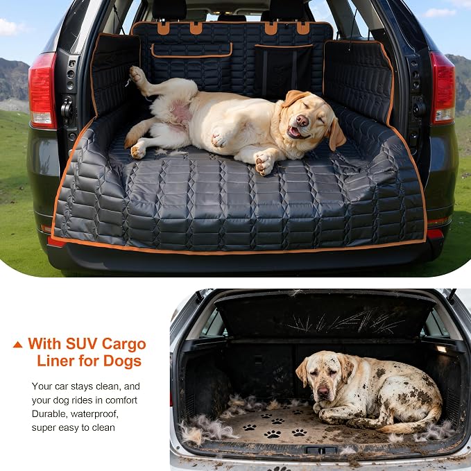 SUV Cargo Liner for Dogs, Waterproof Pet Cargo Cover with Bumper Flap Protector, Scrachproof Non-Slip Dog Seat Mat for SUVs, Large Size Cargo Liner Universal Fit (Orange)