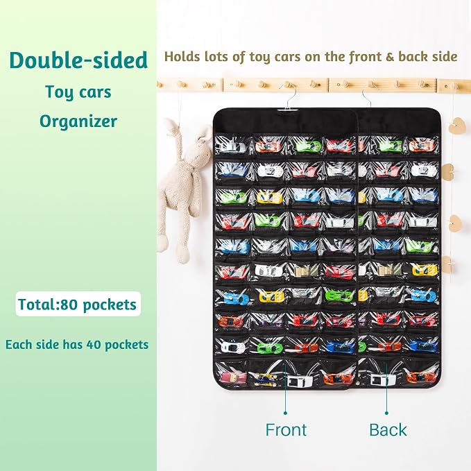 Hanging Organizers for Toy Car Double Sided 80 Pockets Display Case for Toy Cars (Without Toy Cars) (80 Slots Black)